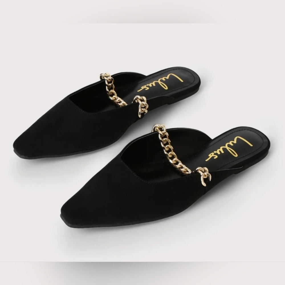 Lulu's | Lavareta Black Suede Chain Pointed-Toe Loafer Slides 8.5